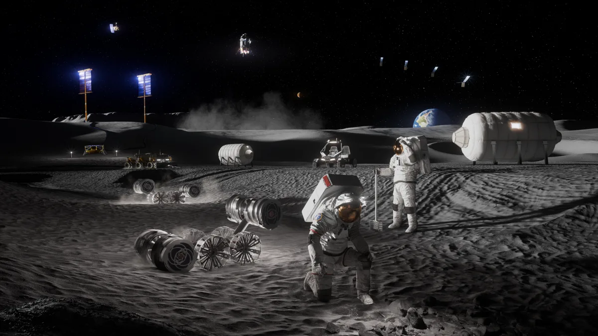 Imagem conceitual de uma base lunar com instrumentos científicos em operação.
