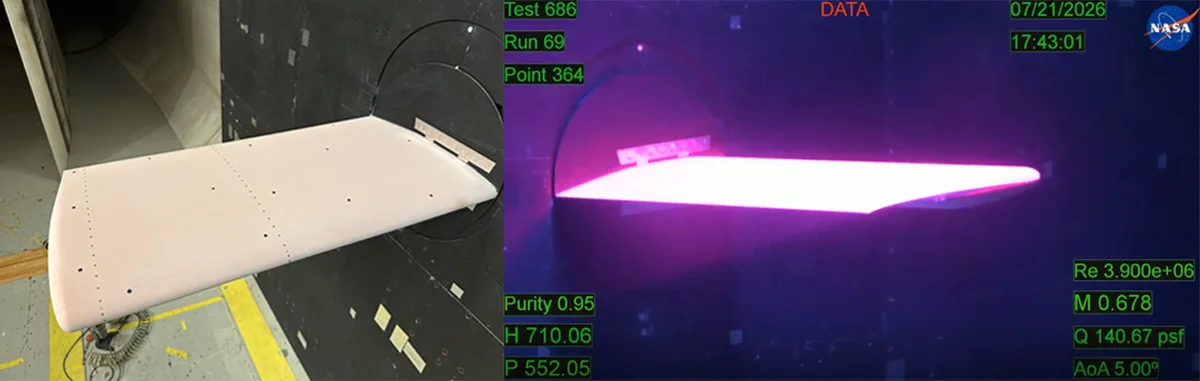 Modelo de asa sendo testado com tinta que muda de cor sob luz ultravioleta na NASA.