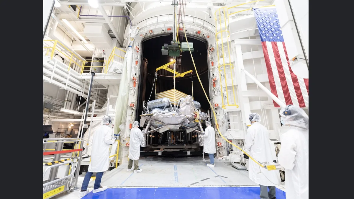 Imagem conceitual do lander Griffin-1 sendo testado em instalações do JPL