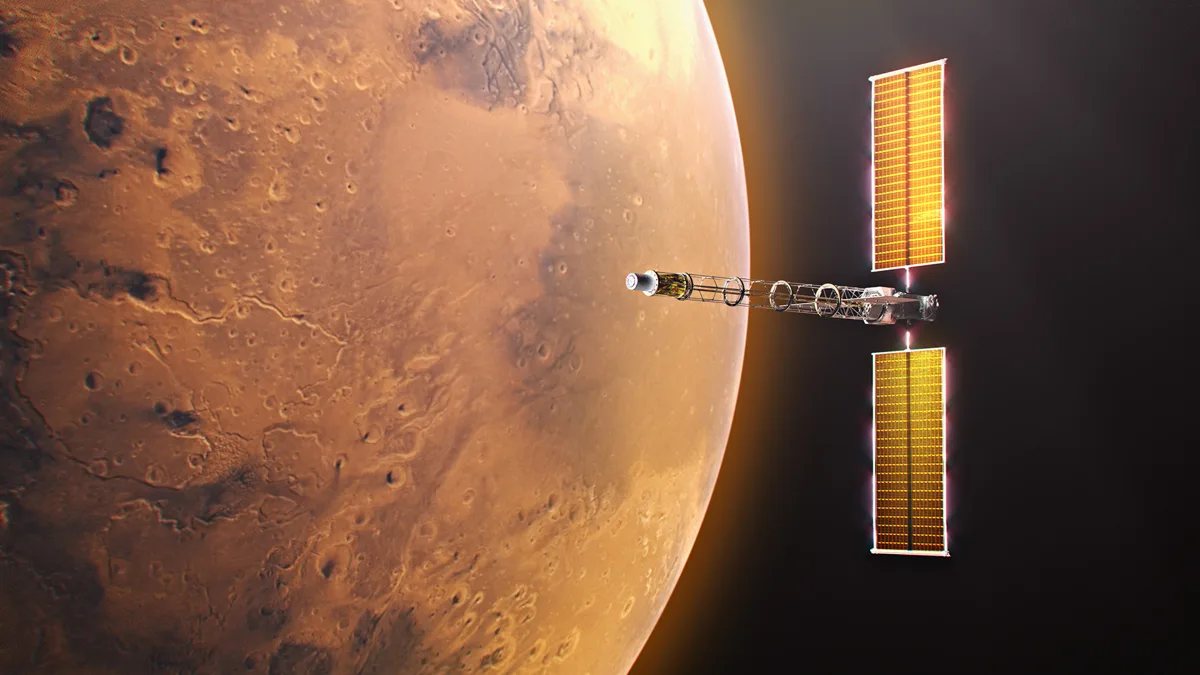 Imagem conceitual de uma nave espacial com reator nuclear em missão a Marte.