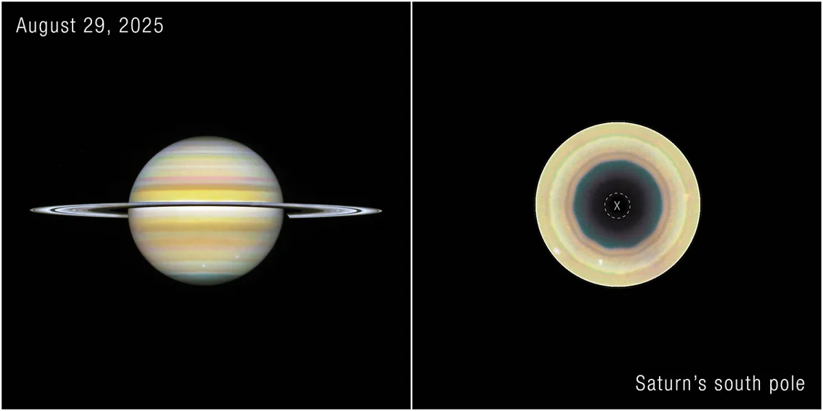 Imagem do polo sul de Saturno mostrando a nova formação atmosférica com dez lados