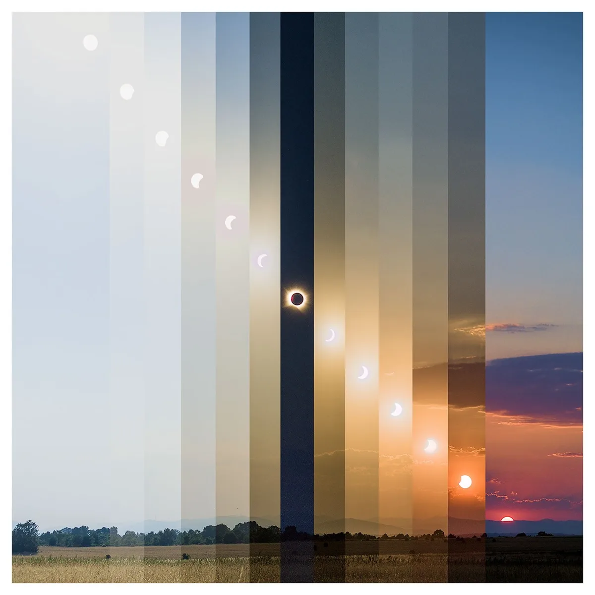 Imagem de um eclipse solar de 2026, com o céu se transformando durante o fenômeno.